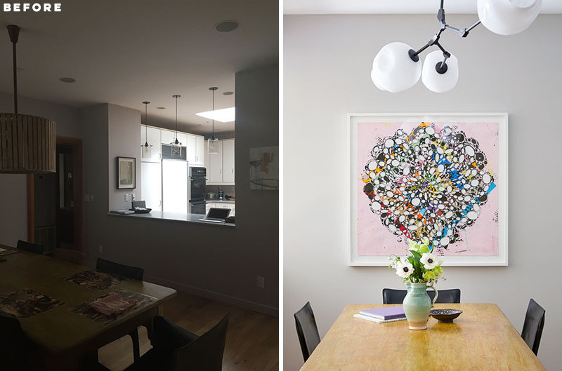 BEFORE + AFTER - DINING ROOM - A new chandelier and artwork add to the overall contemporary design of the interior. #DiningRoom