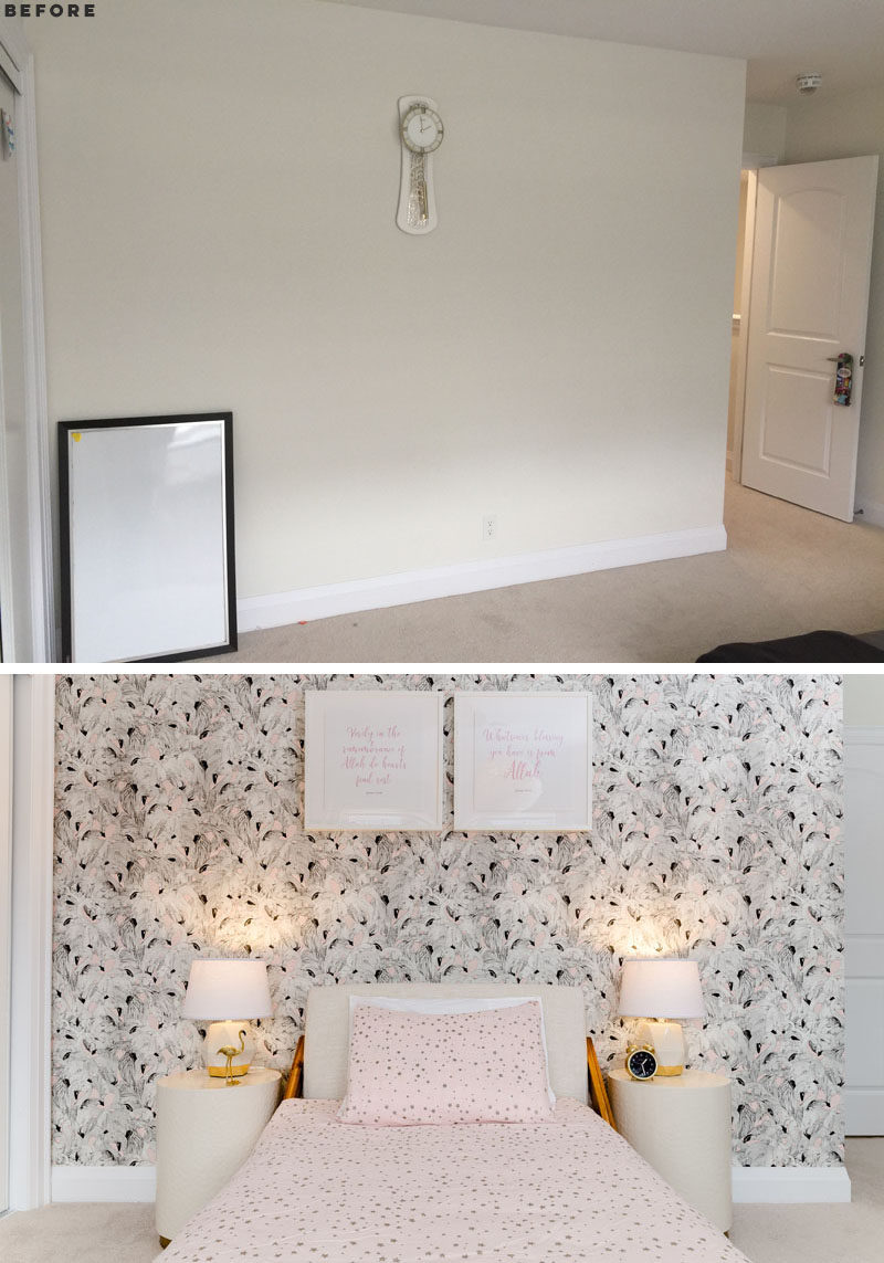 BEFORE & AFTER - In this modern girl’s bedroom, flamingo accent wallpaper has been paired with a rich walnut wood bed frame, while hints of gold and pink lends a feminine yet very sophisticated look. #ModernGirlsBedroom #GirlsBedroom #InteriorDesign #BedroomDesign