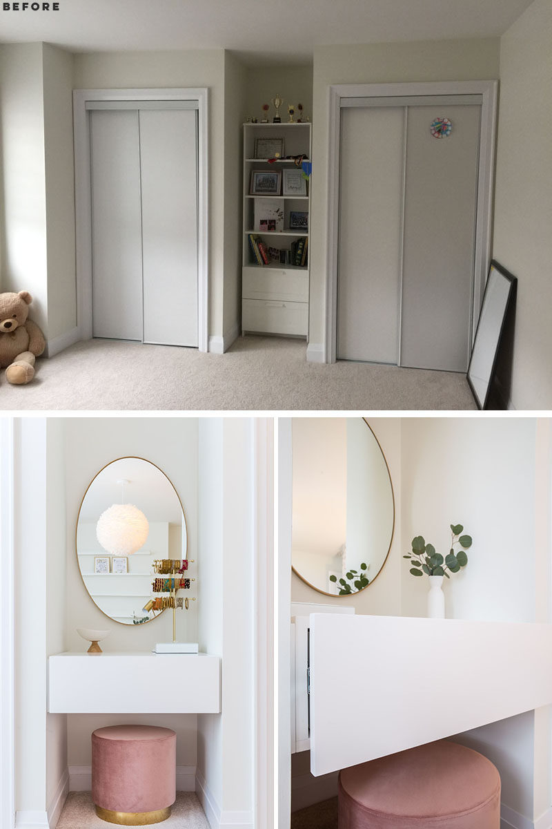 BEFORE & AFTER - GIRL'S BEDROOM - Whitewash walls and clean lines enhance the feeling of spaciousness in this light-filled bedroom, with a millennial pink stool providing the perfect finishing touch to the vanity area. #ModernBedroom #Vanity #InteriorDesign