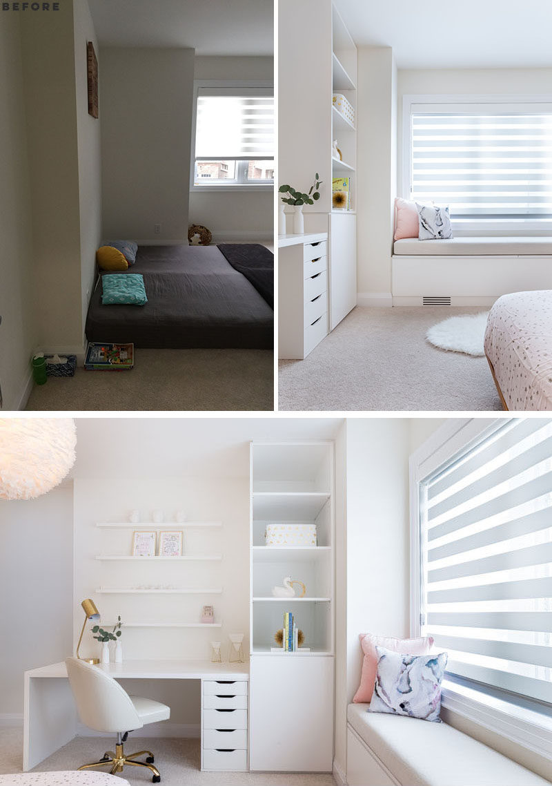 BEFORE AND AFTER - A desk and bookshelf have been added to this modern girl's bedroom, while below the window is a built-in bench with hidden storage and a light pink upholstered cushion.  #KidsBedroom #BedroomDesign #ModernKidsBedroom