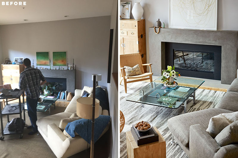 BEFORE + AFTER - BK Interior Design aimed to create a bright, functional living room with a focus on premium materials and subtle details. #ModernLivingRoom #LivingRoom #Fireplace