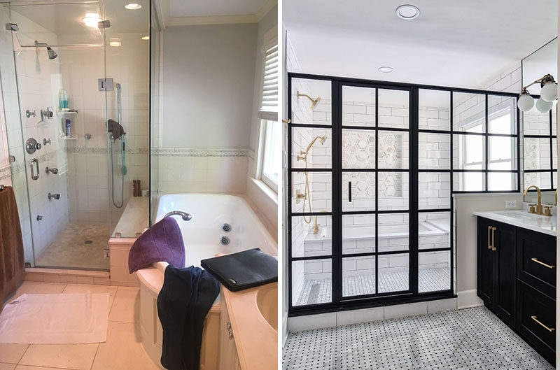 BEFORE AND AFTER BATHROOM RENOVATION - A dated bathroom was given a bright and modern update with a wet room and double vanity. #BathroomRenovation #ModernBathroom #BathroomDesign