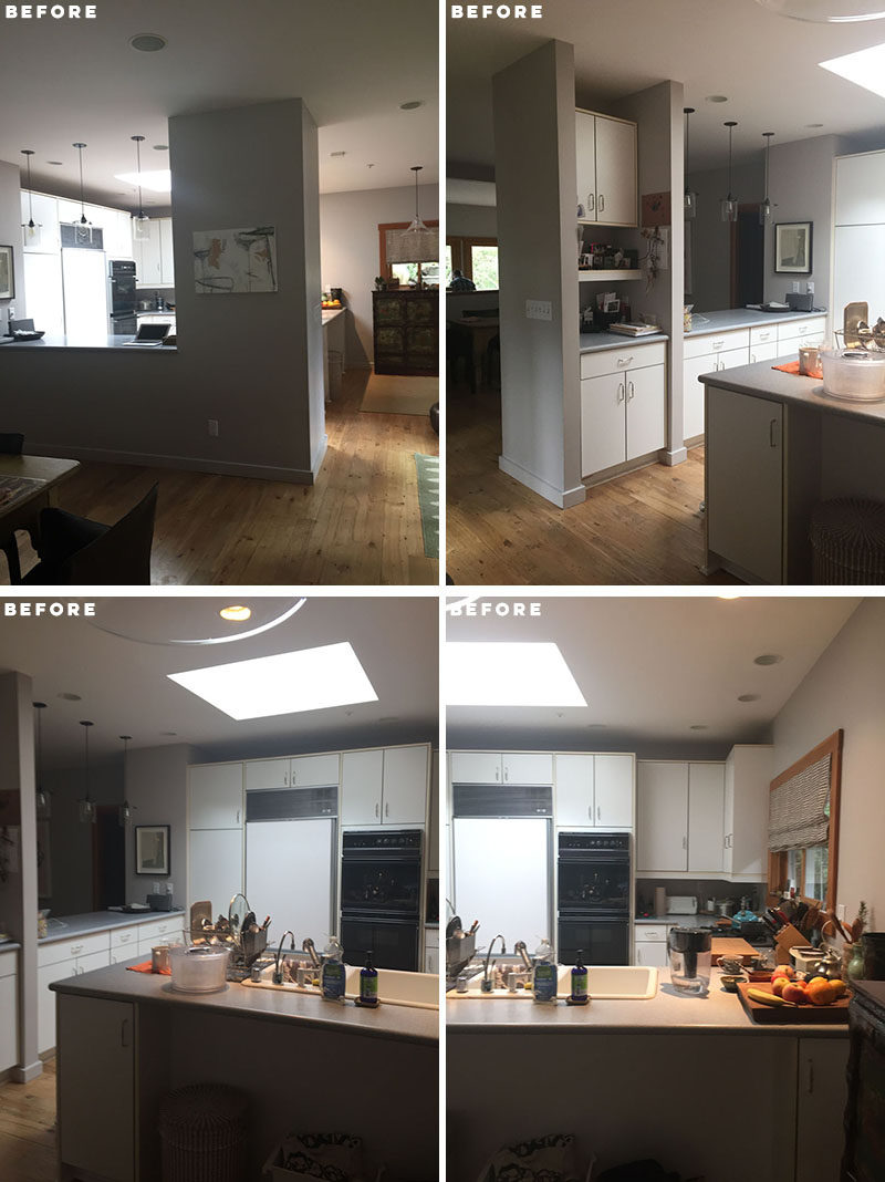 BEFORE PHOTOS - The kitchen before the renovation had a lot of cabinets, creating a heavy and cluttered feeling, and far from the 'open concept' kitchen that the home owner wanted. Click through to see the new and updated kitchen. #KitchenRemodel