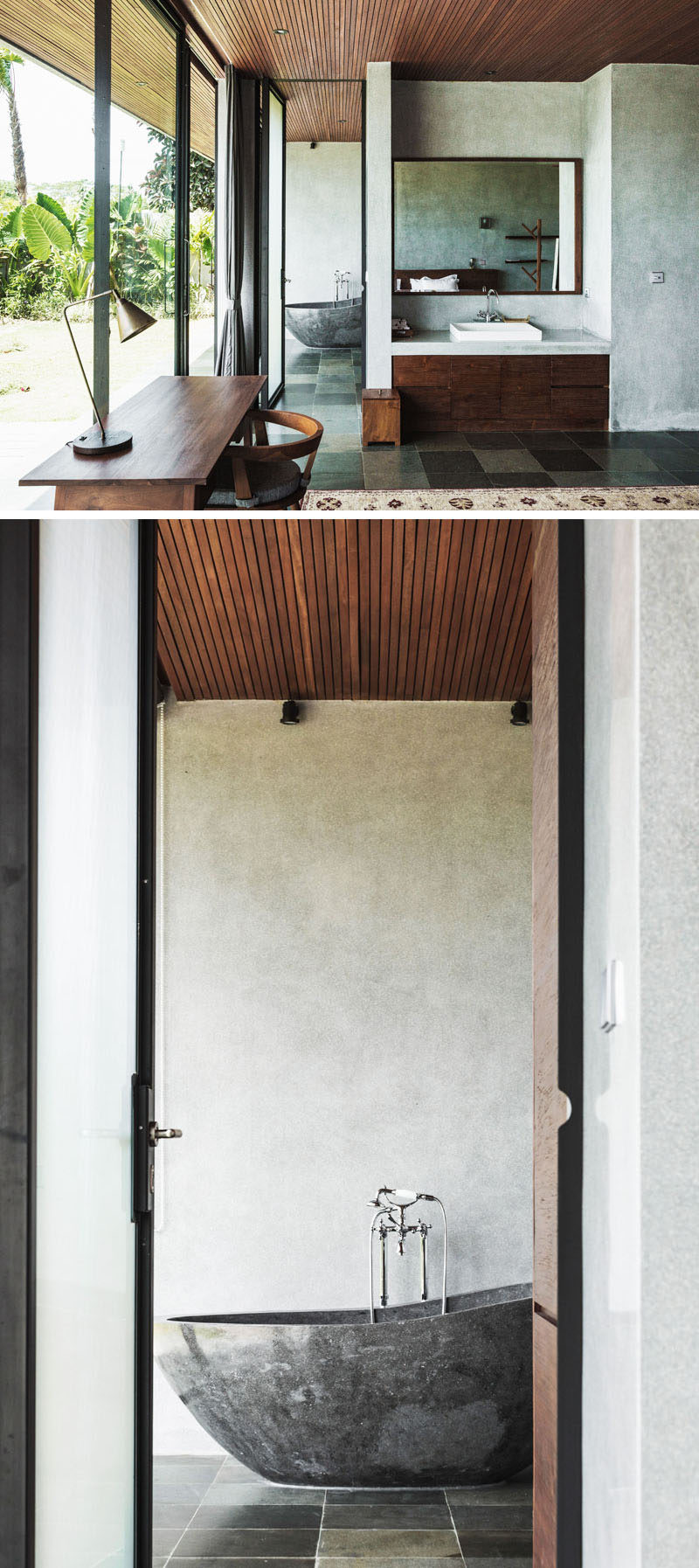 In this modern bathroom, there's a standalone bathtub positioned to take advantage of tree views. #Bathroom #ModernBathroom