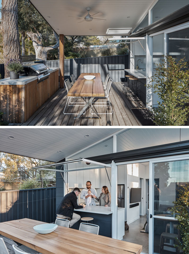 Before entering this small house, there's a covered outdoor dining/entertaining area, with a custom built bbq / outdoor kitchen, enough space for a dining table, and a bar area with a window that opens to the kitchen. #TinyLiving #SmallHouse #GrannyFlat #OutdoorDining #OutdoorKitchen