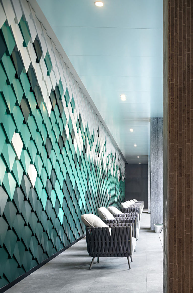 Image showcasing Design Detail - A Colorful Metal Shingle Accent Wall