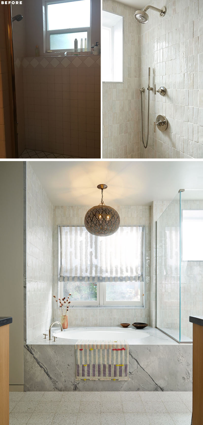 BEFORE & AFTER - Soft pink tiles in this bathroom were replaced with light textured tiles, while the soaking tub is now the focal point of the room. #BathroomRenovation #BathroomRemodel