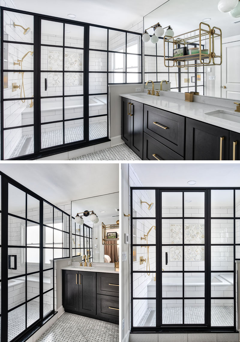 In this modern bathroom, the shower and bath have been placed within a wet room, and behind a steel-framed shower enclosure. #ModernBathroom #WetRoom #BathroomDesign 