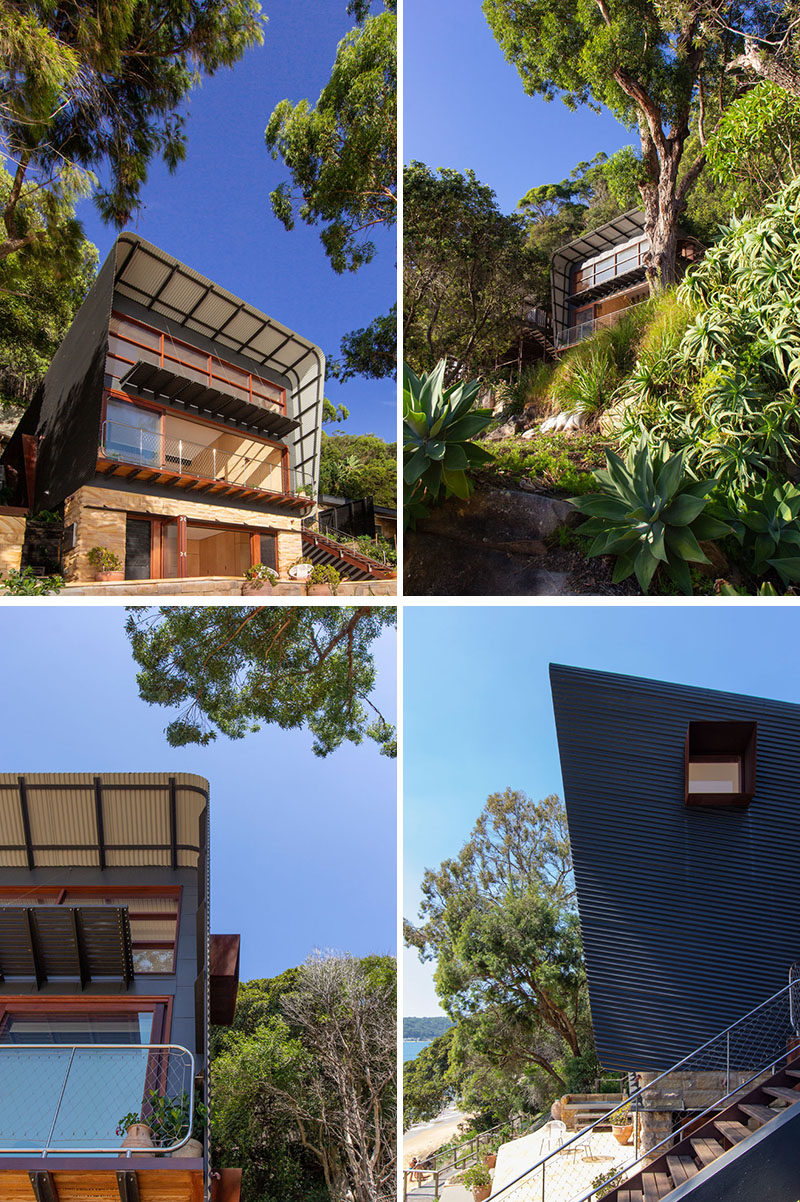 The form of this modern house was derived from a wrapped ‘box’ open to one side which provides the building with a protective corrugated aluminium shell, protecting it from the harsh salt environment, cold winter southerly winds, and bushfire prone landscape. #ModernHouse #HouseDesign #Architecture