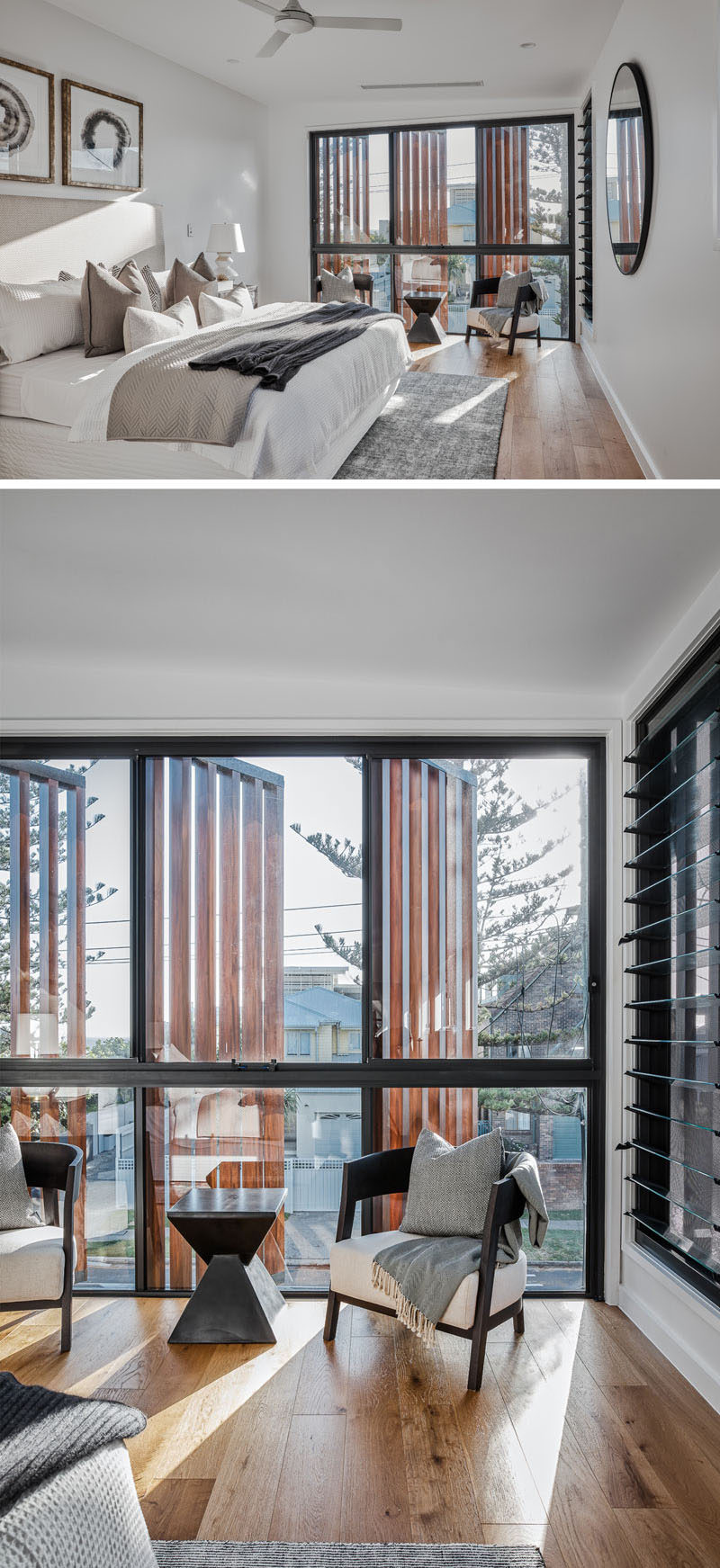 In this master bedroom, contemporary furnishings create a relaxed environment, while the wood screens add a sense of privacy. #MasterBedroom #BedroomDesign