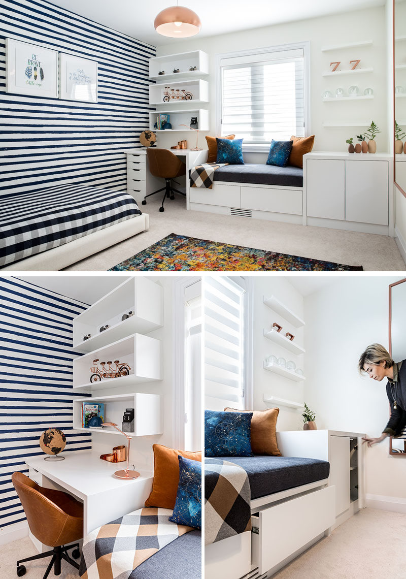 Custom millwork was created in this modern boy's bedroom to allow for a dedicated area for a desk, a window seat, and additional storage space, which provides drawers and cabinets for storing seasonal clothing. #BoysBedroom #KidsBedroom #BedroomDesign #InteriorDesign