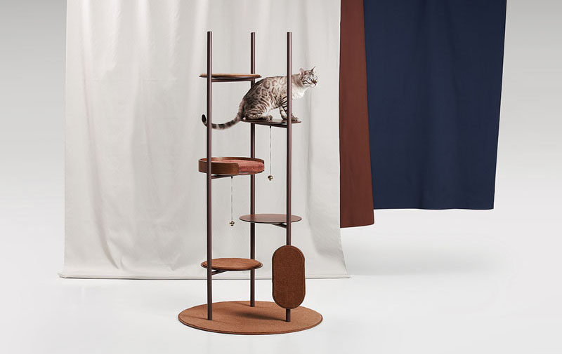 Jiyoun Kim Studio presents the 'Three Poles Collection', a modern cat tower that has multiple places for cats to play or relax. #CatTower #Cats #PetFurniture