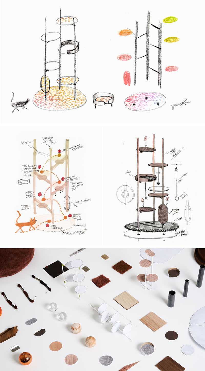 Jiyoun Kim Studio presents the 'Three Poles Collection', a modern cat tower that has multiple places for cats to play or relax. #CatTower #Cats #PetFurniture #Design