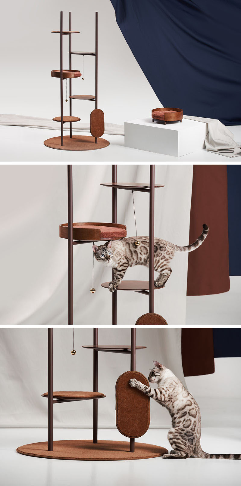 Jiyoun Kim Studio presents the 'Three Poles Collection', a modern cat tower that has multiple places for cats to play or relax. #CatTower #Cats #PetFurniture