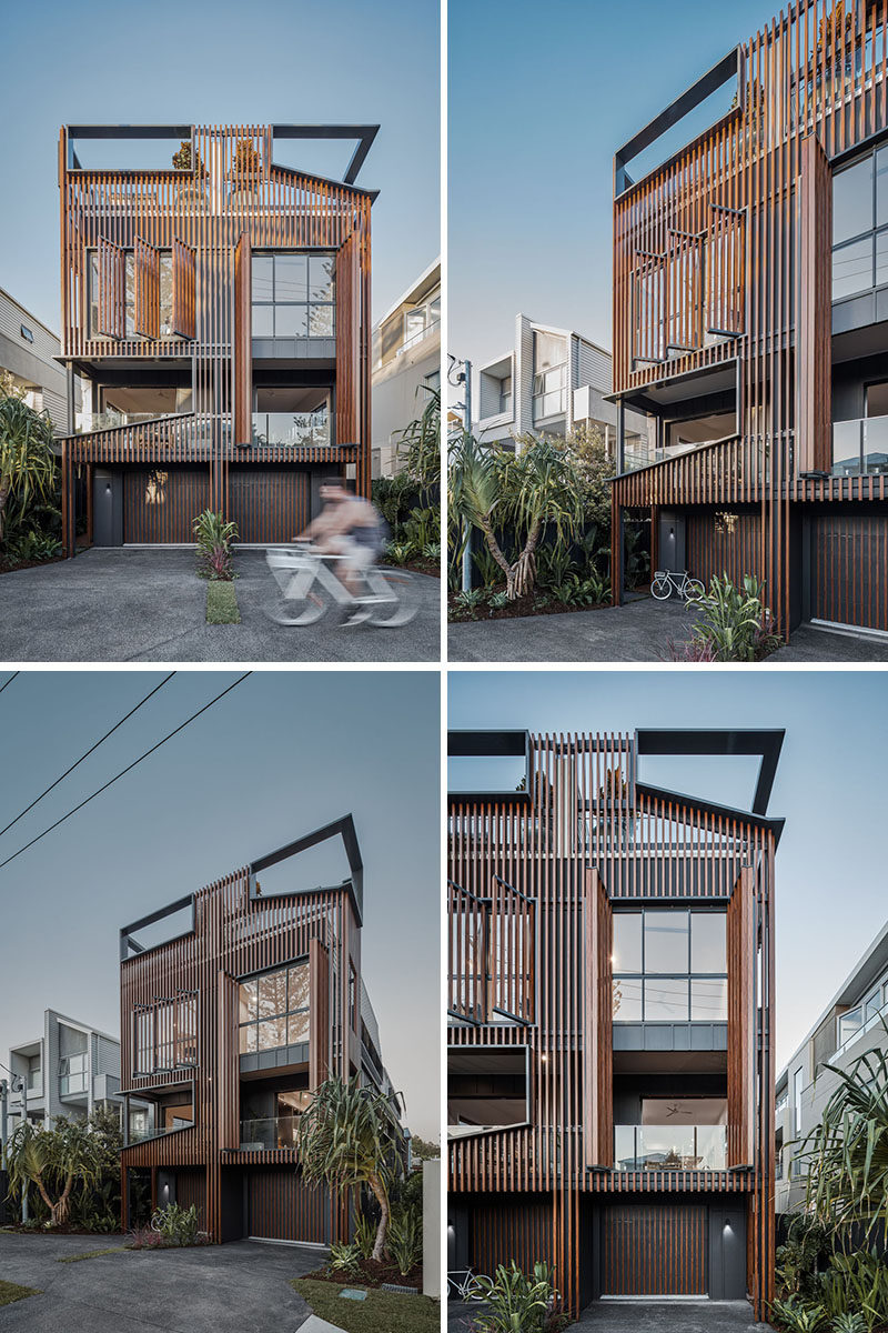 An array of vertical fins have been added to this modern duplex to serve multiple functions including sun-shading, privacy, curation of views, and to modulate the scale of the overall form. #ModernArchitecture #WoodScreens