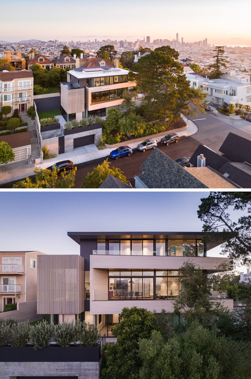 John Maniscalco Architecture | jmA has completed a new modern house on a sloping double lot in San Francisco, that's designed to take advantage of the changing daylight and sweeping city views. #ModernHouse #ModernArchitecture
