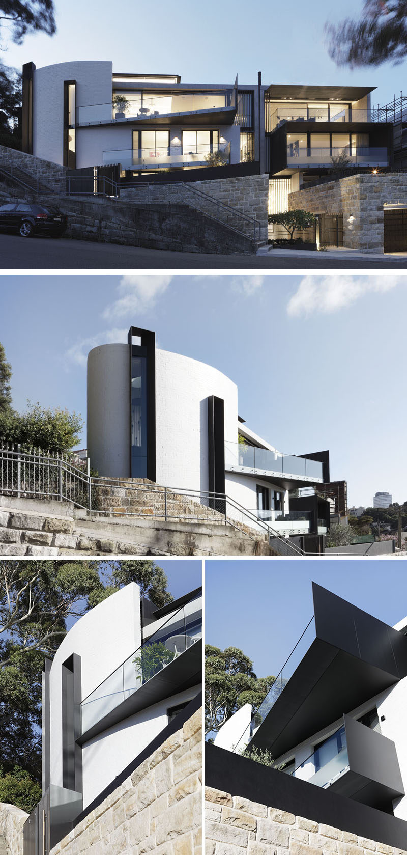 Steel plates surround the openings and balcony edges of these two modern houses, to counterbalance the masonry masses, and to act as ‘blinkers’ for privacy from the street. #ModernHouses #Architecture