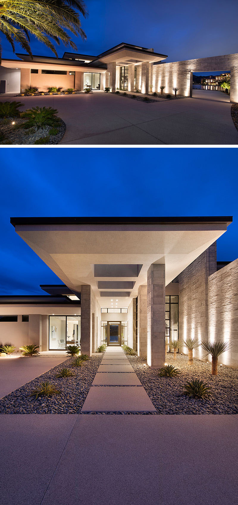 Setback from the road, the modern house has a covered entry with uplighting, and an oversized glass front door. #ModernHouse #Landscaping #Architecture 