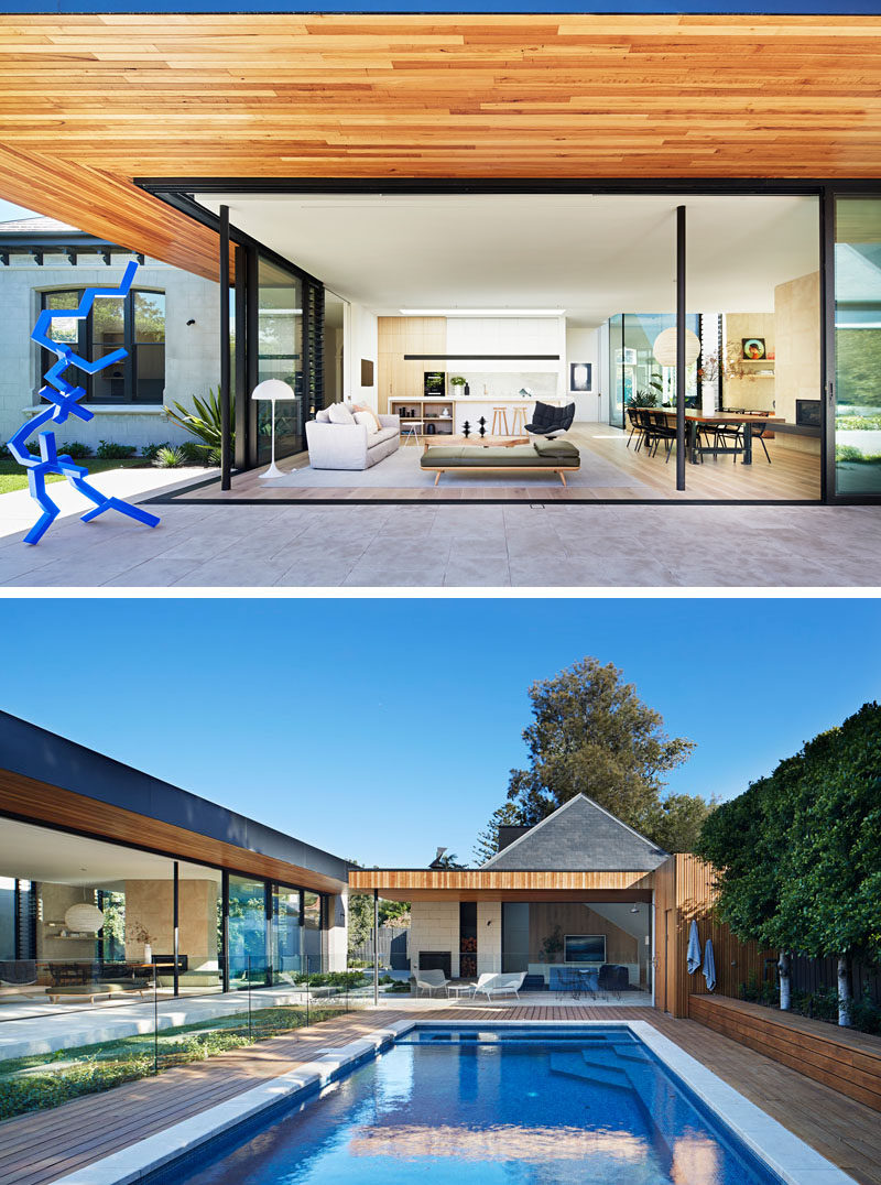 Large overhangs provide the interior spaces of this modern home with shade, assisting in keeping the house cool, while large sliding glass doors open the social areas to the swimming pool. #SwimmingPool #Architecture #ModernHouse