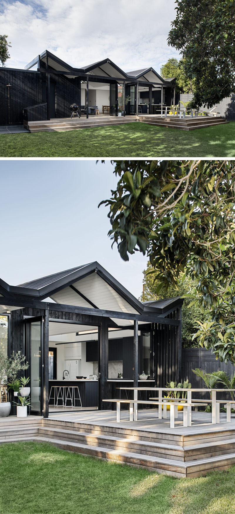 A folded roof form and charred cypress clad extension was added to the rear of the property, while a large box gutter separates old from new and keeps untidy spouting out of sight and out of mind. #Architecture #HouseExtension #BlackSiding #Deck #Backyard #Landscaping