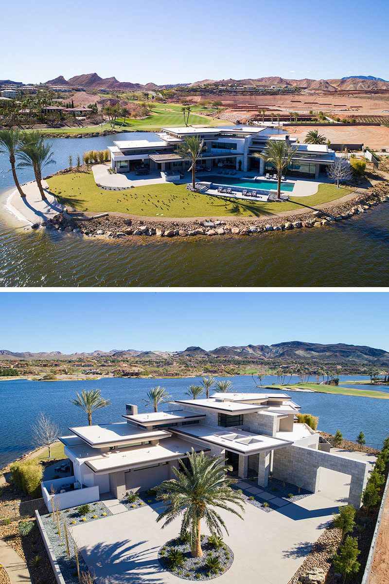 This modern home features a layered roof which provides large overhangs for protection from the harsh summer sun, and high clerestory windows which allow natural light to flood the interior. #ModernHouse #HouseDesign #Architecture #Landscaping