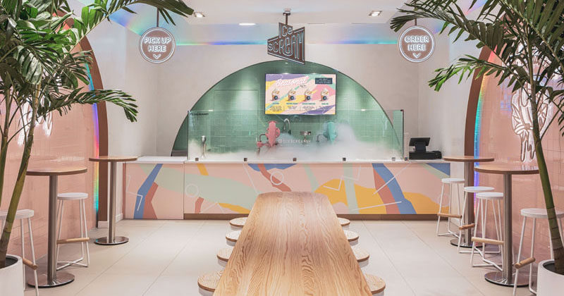 Design firm Asthetíque, has recently completed Ice Scream, a modern nitrogen ice cream parlor in the Bronx, New York, that draws inspiration from the 80's Memphis design movement. #IceCreamParlor #RetailDesign #RetailStore #InteriorDesign