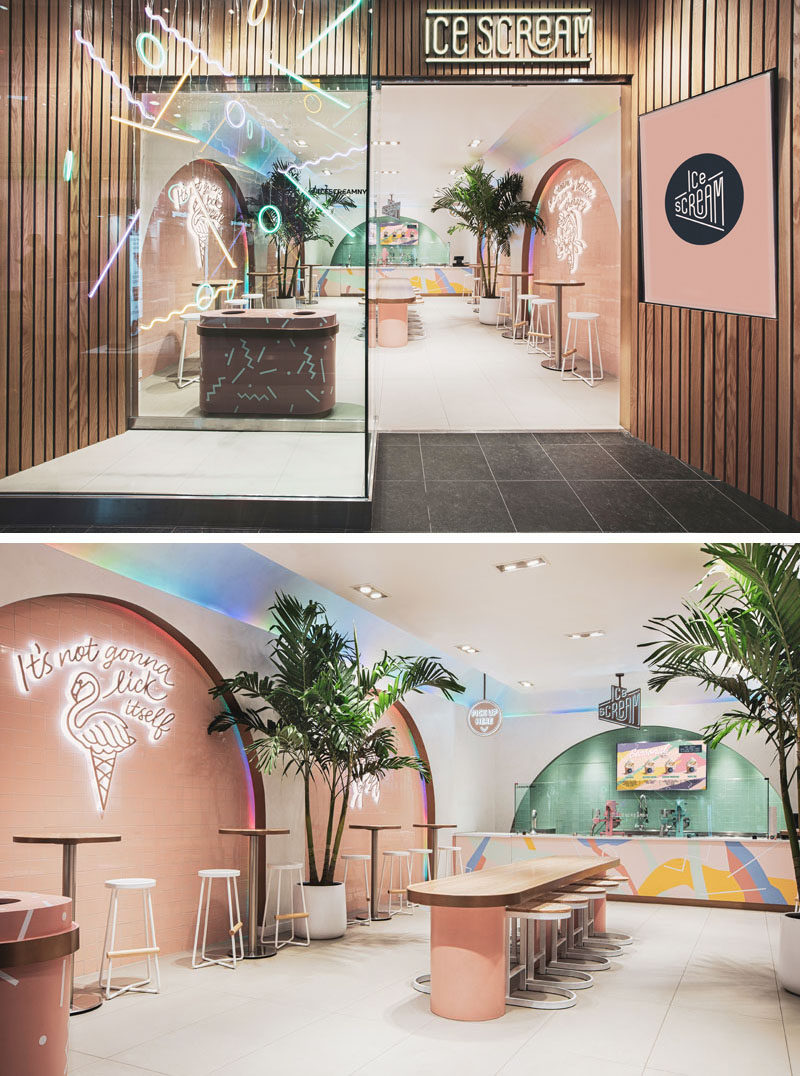 A wood facade with natural with oak planks, and geometric neon shapes float in the storefront, drawing attention to this modern ice cream parlor. #RetailDesign #RetailStore #Interiors #IceCreamParlor