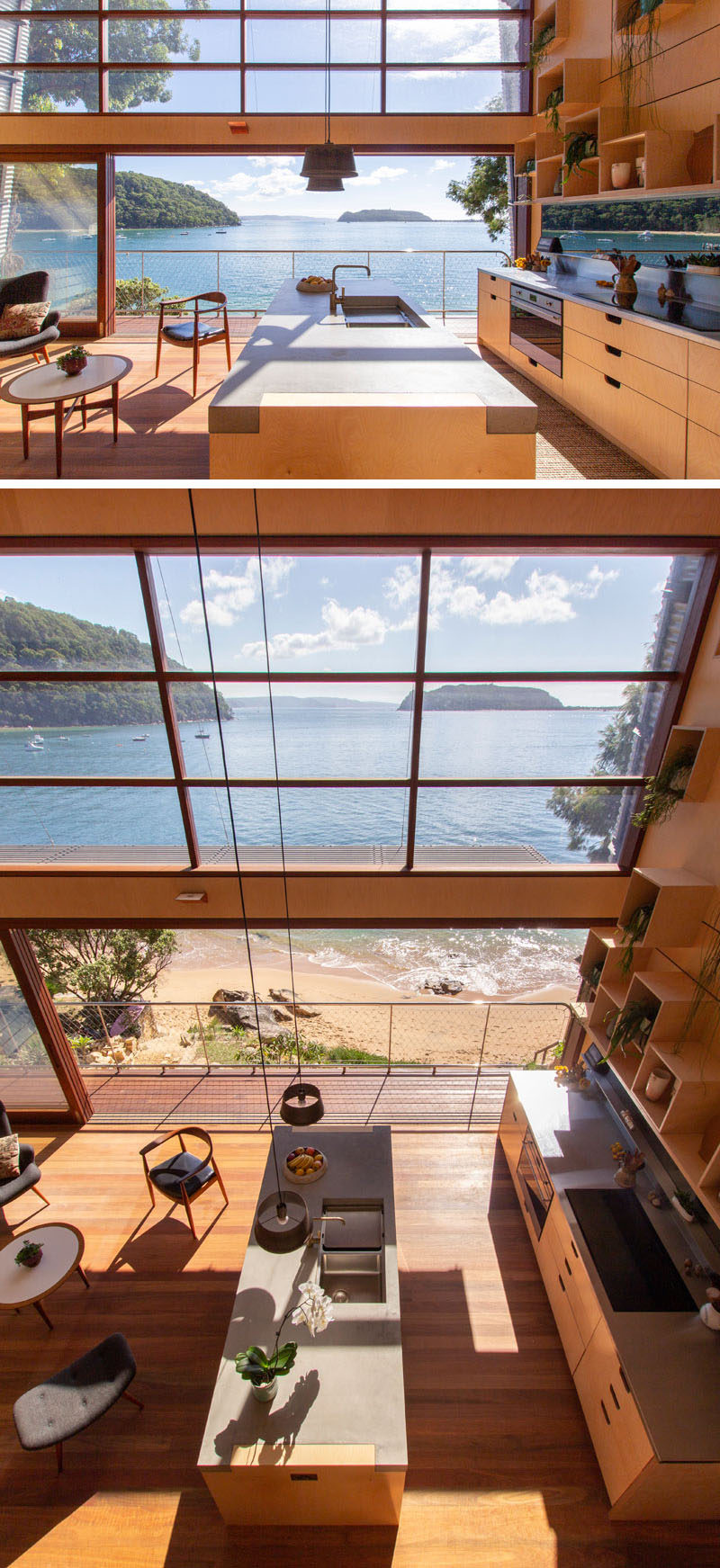 The interior of this modern beach house is lined in birch plywood, with timber flooring, and concrete benches completing the rugged and durable interior. #Kitchen #ConcreteCounter #BeachHouse