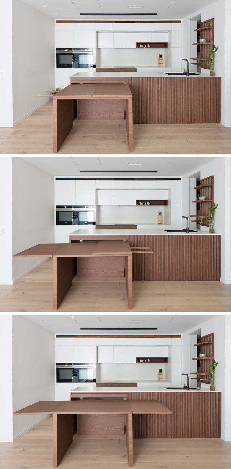 This modern kitchen features custom stained American Oak, corian countertops, and pull-out dining table, which sits flush within the kitchen bench and extends into a large dining table. #ModernKitchen #HiddenDiningTable #BuiltInDiningTable