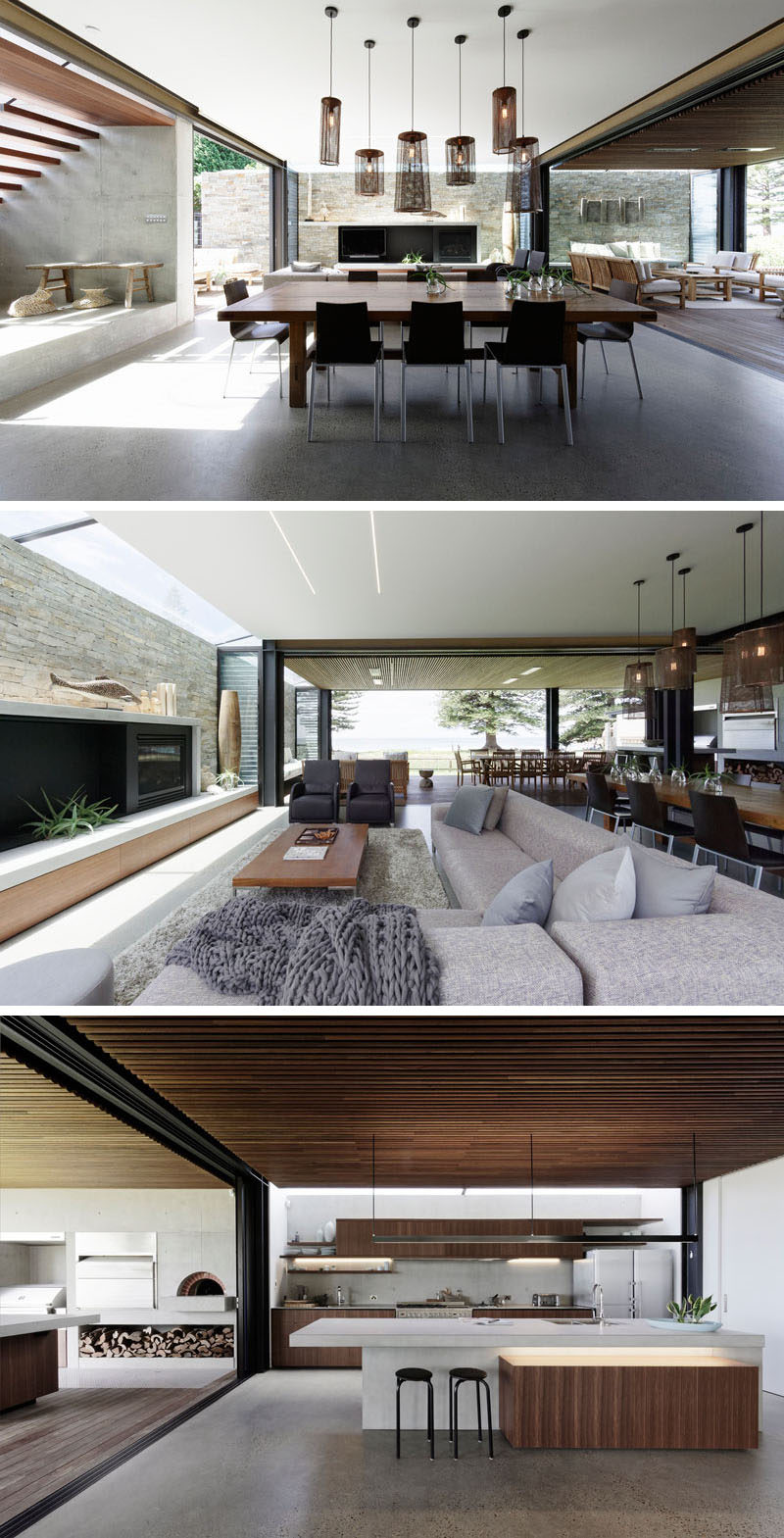 The social areas, like the living room, dining room, and kitchen, of this modern house open to a covered back verandah with views of the ocean. #OpenPlanInterior #LivingRoom #Kitchen #DiningRoom