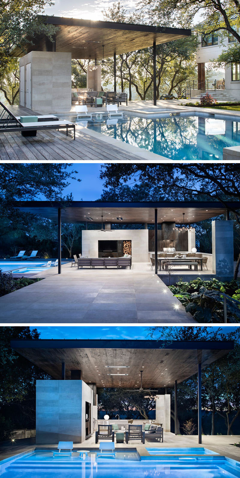 This modern steel, limestone, and wood outdoor pavilion has a living room, an outdoor kitchen with a bbq, and a dining area. #OutdoorLiving #OutdoorSpace #SwimmingPool