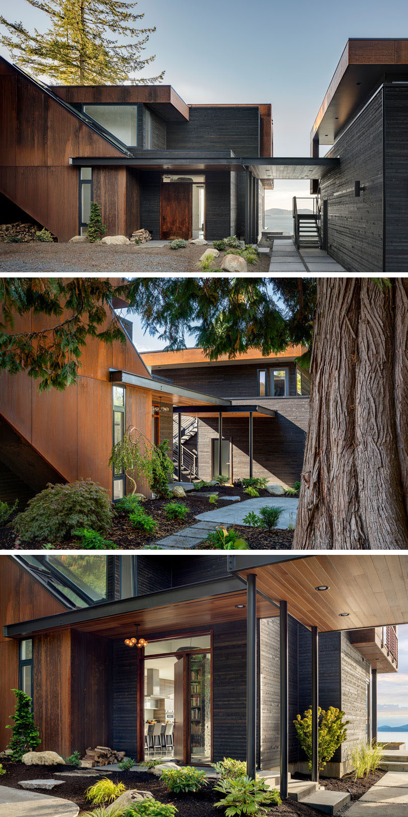 Natural steel (weathered over time) and black stained cedar were chosen to blend this house in with the landscape, placing windows only as needed for light and connection with the neighborhood. #ModernHouse #WeatheredSteel #BlackStainedCedar