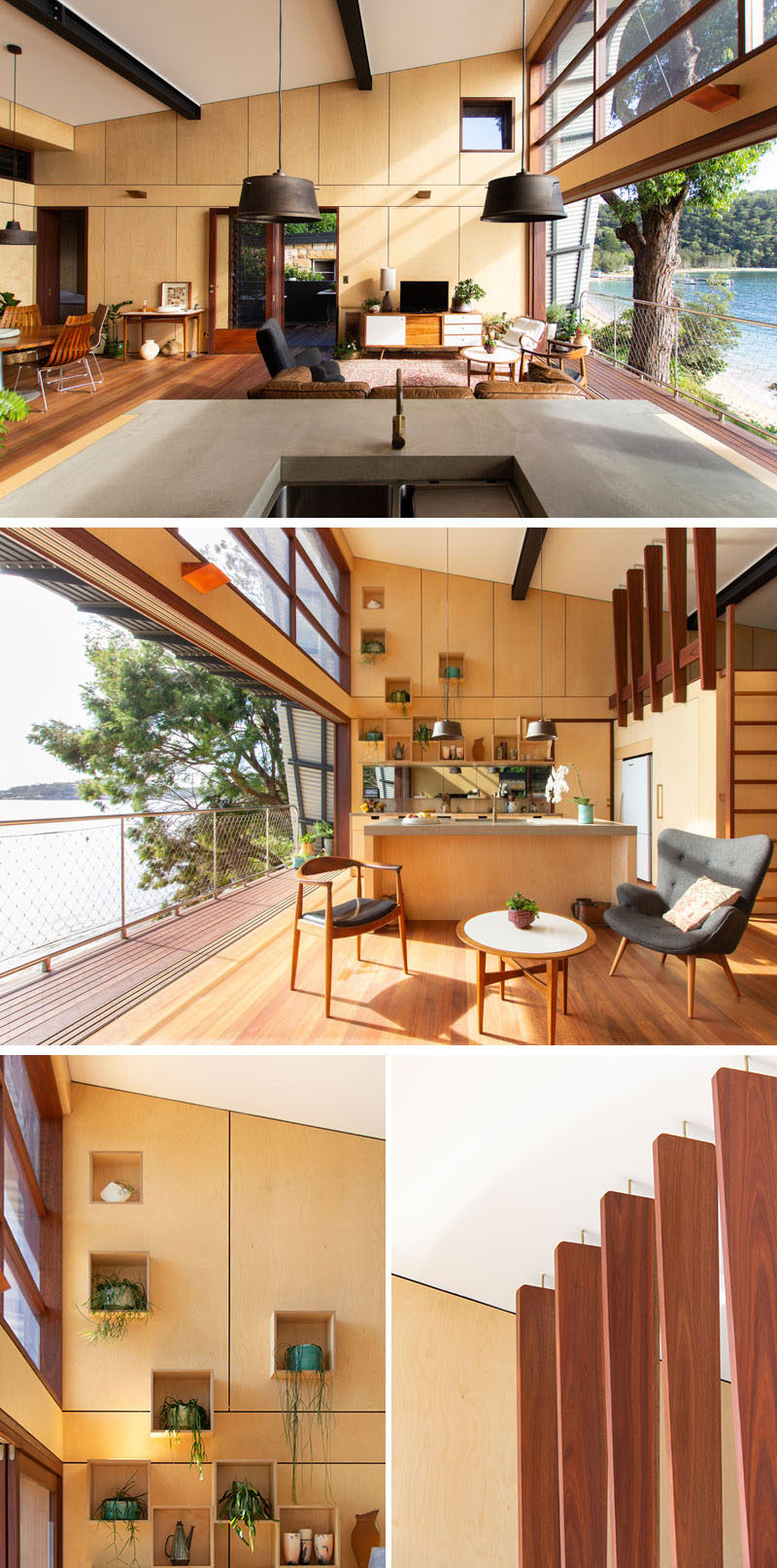 The main room of this beach house is home to a double height dining, kitchen and living space, which has a utility pod within it, containing the bathroom and pantry, and housing a loft mezzanine space above. #InteriorDesign #ModernInterior #OpenPlanInterior