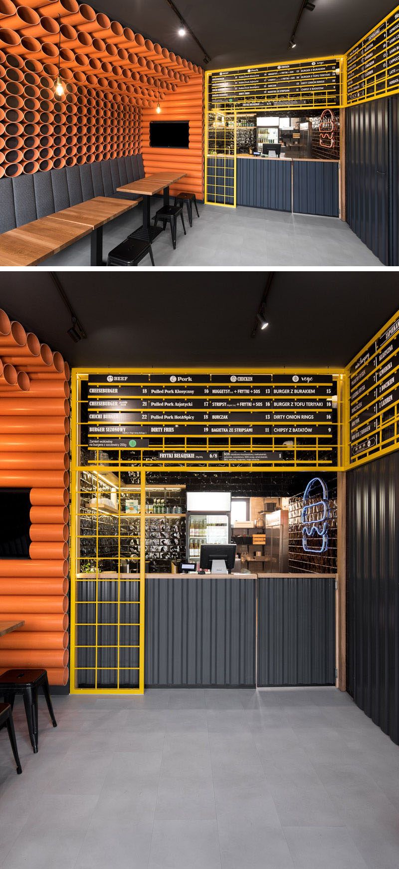 Design elements in this modern restaurant in orange PVC pipes, yellow mesh panels, dark corrugated metal sheet, wood accessories, and black tiles. #InteriorDesign #RestaurantDesign #RestaurantInterior #ModernRestaurant