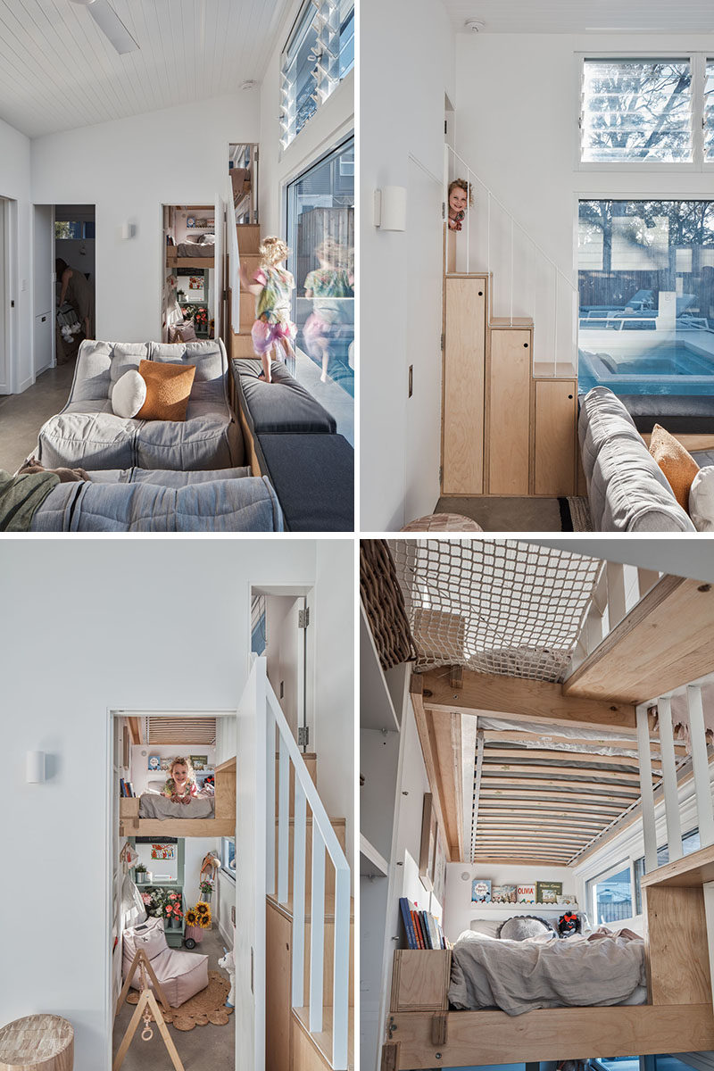 Wood stairs with storage connect the living room of this small house with a triple storey bunk bed that houses both kids as well as a play area below. Each bunk also looks out over the pool. #SmallHouse #BackyardCottage #GrannyFlat #BunkBeds #TripleBunkBed #WoodStairs