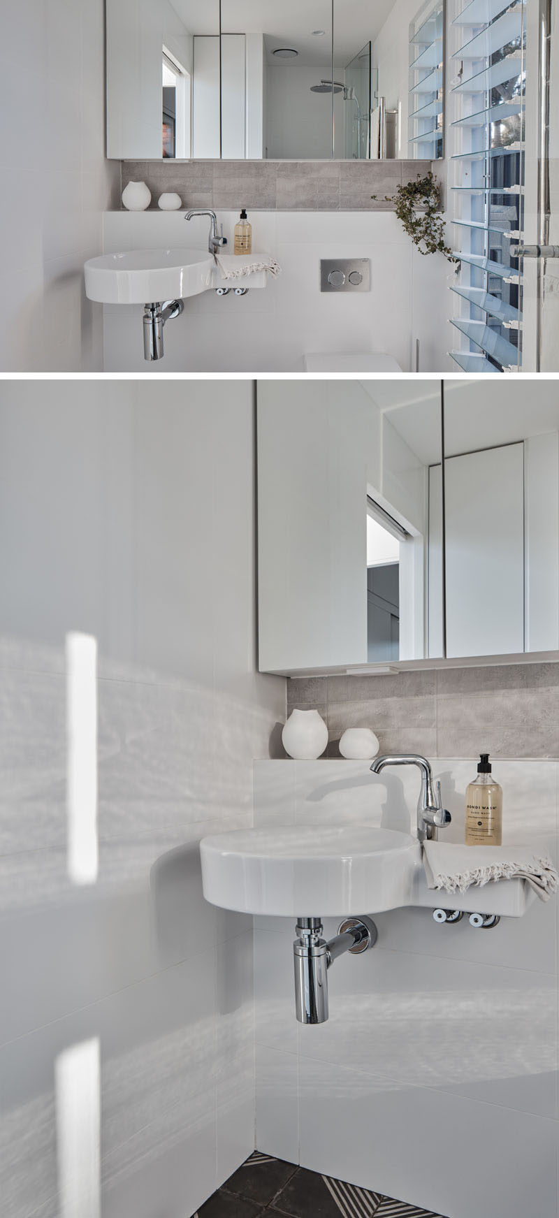 In this small bathroom, a wall-to-wall mirror helps provide storage and make the small space feel larger. A walk-in shower is located on the opposite wall, while louver windows allow for natural air flow. #SmallBathroom #TinyBathroom