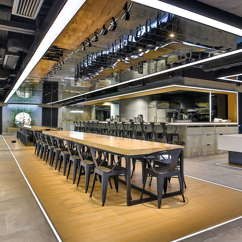 The design of this combined restaurant and office echos the fusion menu of the restaurant by combining and harmonizing futuristic, cyber, industrial and Japanese elements. #InteriorDesign #RestaurantDesign #OfficeDesign