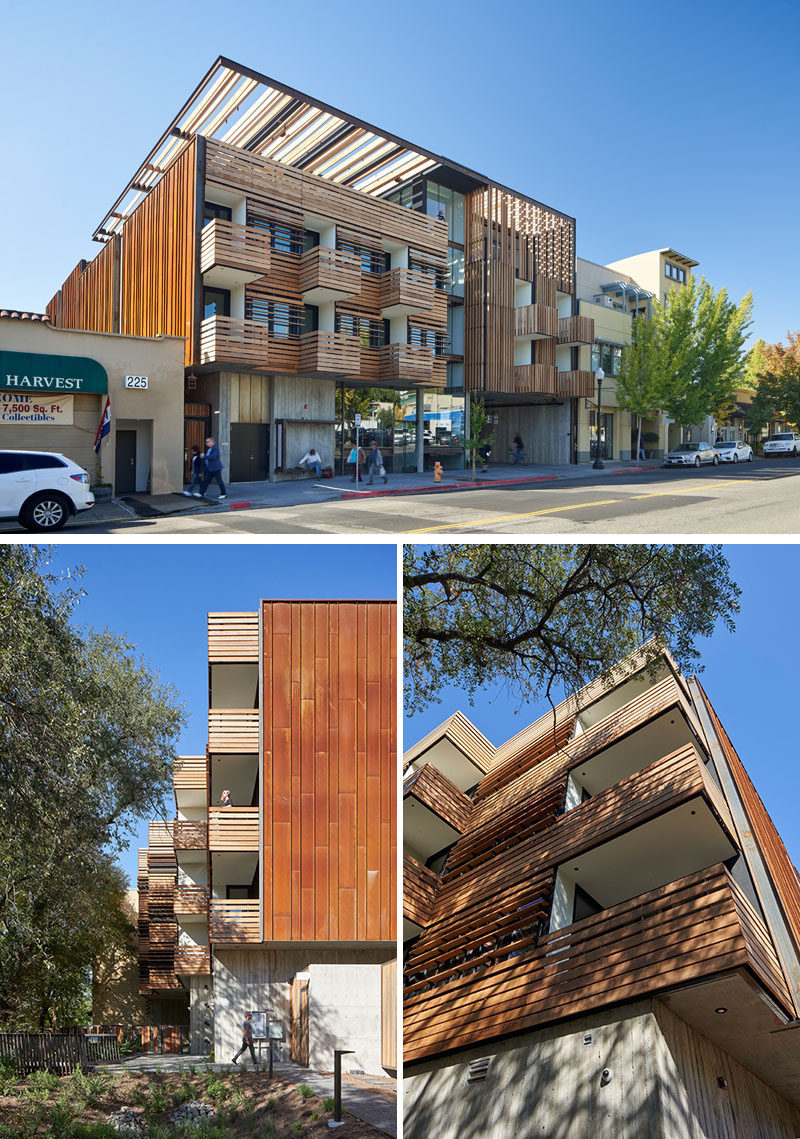 David Baker Architects have designed the Harmon Guest House, a small hotel in Healdsburg, California, that features 39 guest rooms, and a facade screened with redwood sun shading and vine trellises. #ModernHotel #WoodFacade #Architecture