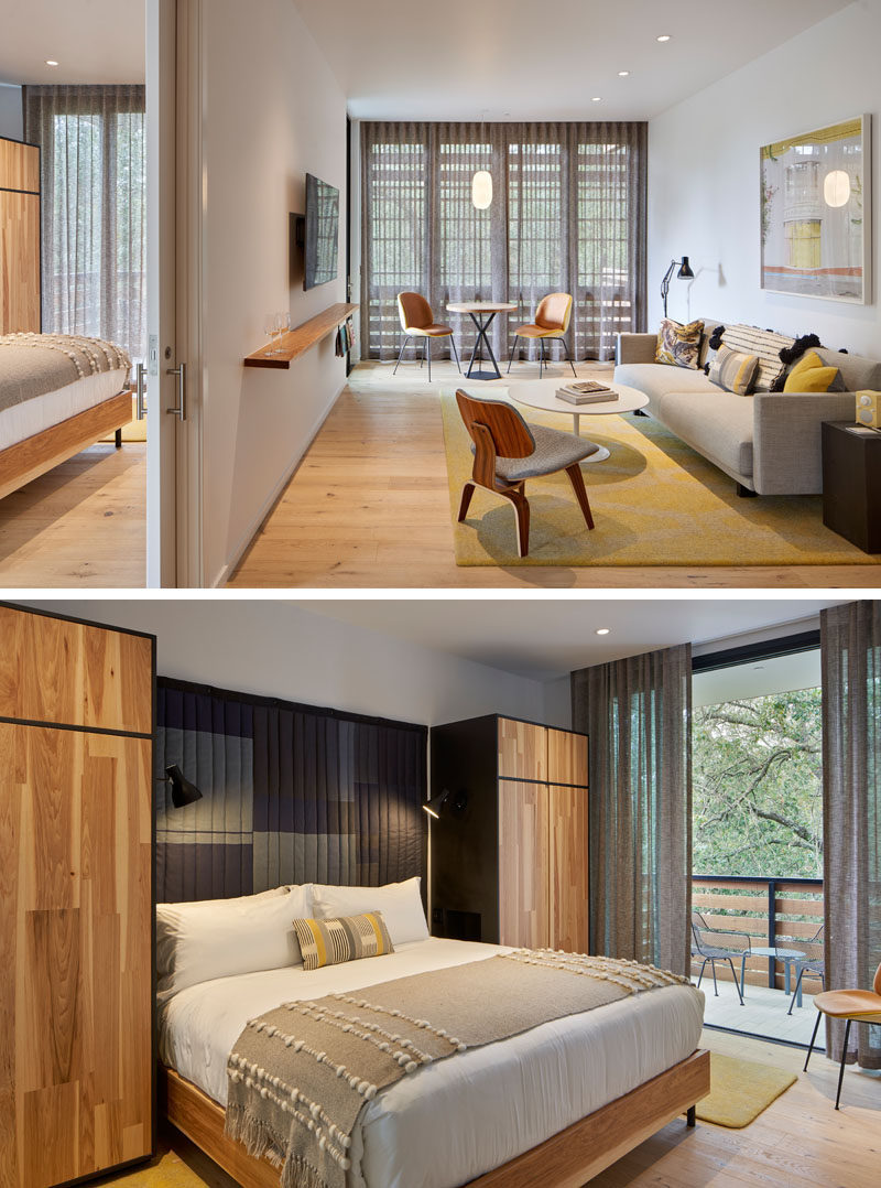 The guest rooms of this modern hotel, each have their own private outdoor space by way of a balcony or patio, while local textiles and art warm up the mix of classic and new furnishings. #ModernHotelRoom #HotelDesign #HotelInterior