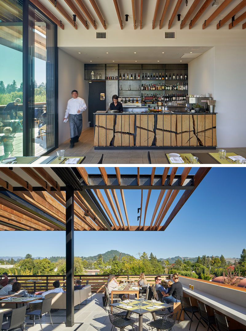 This modern hotel's rooftop bar and terrace features mountain views, and a bar with with a fractured eucalyptus wood facade. #RooftopTerrace #RooftopBar