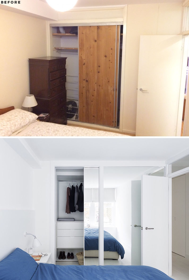 RENOVATION - Storage solutions and joinery items have been added throughout this apartment, including a floating sideboard in the living room, walk-in wardrobes, storage for utilities, and doors with overhead windows to let light into the rooms. #Wardrobe #Storage #Renovation