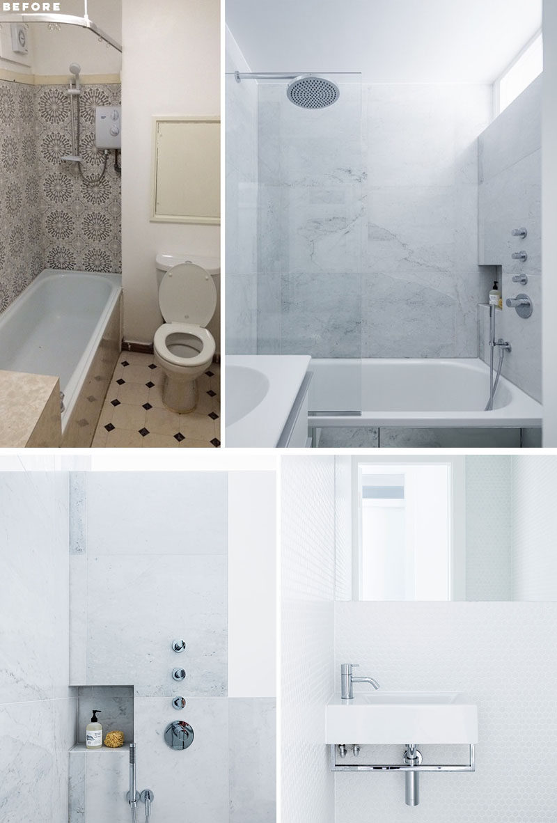 RENOVATION - The updated bathroom has been tiled in white marble, while the guest bathroom is fully tiled in a simple white hexagonal mosaic. #ModernBathroomRenovation #Bathroom