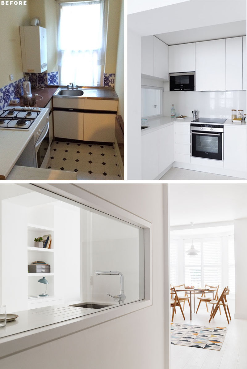 KITCHEN RENOVATION - In the kitchen, the cabinets have been designed to make use of the height of the room, and a window has been added to look out onto the hallway. #KitchenRenovation #SmallKitchen #KitchenDesign #WhiteKitchen