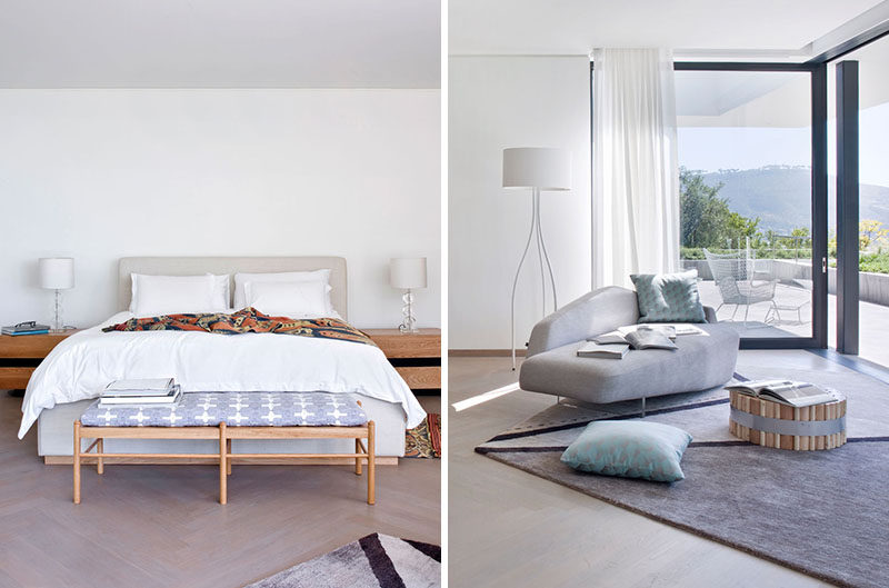 This modern master bedroom has a calming atmosphere due to the baby blue and greys used in the furnishings. #ModernBedroom #BedroomDesign