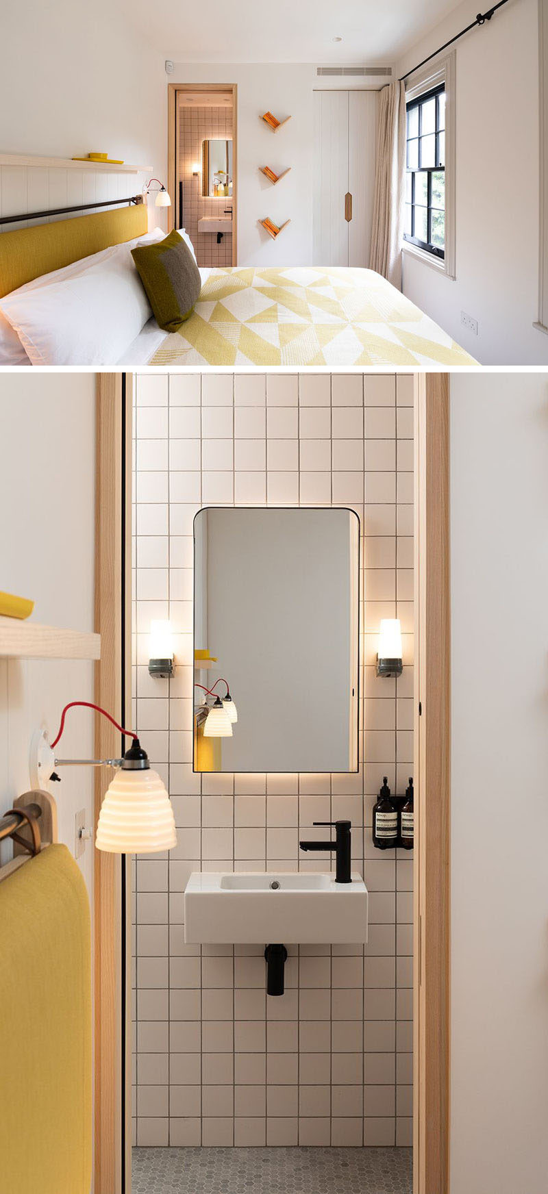 In this modern bedroom, yellow has been chosen as the accent color, while in the ensuite bathroom, square tiles cover the wall, and hidden lighting highlights the shape of the mirror. #ModernBedroom #ModernBathroom