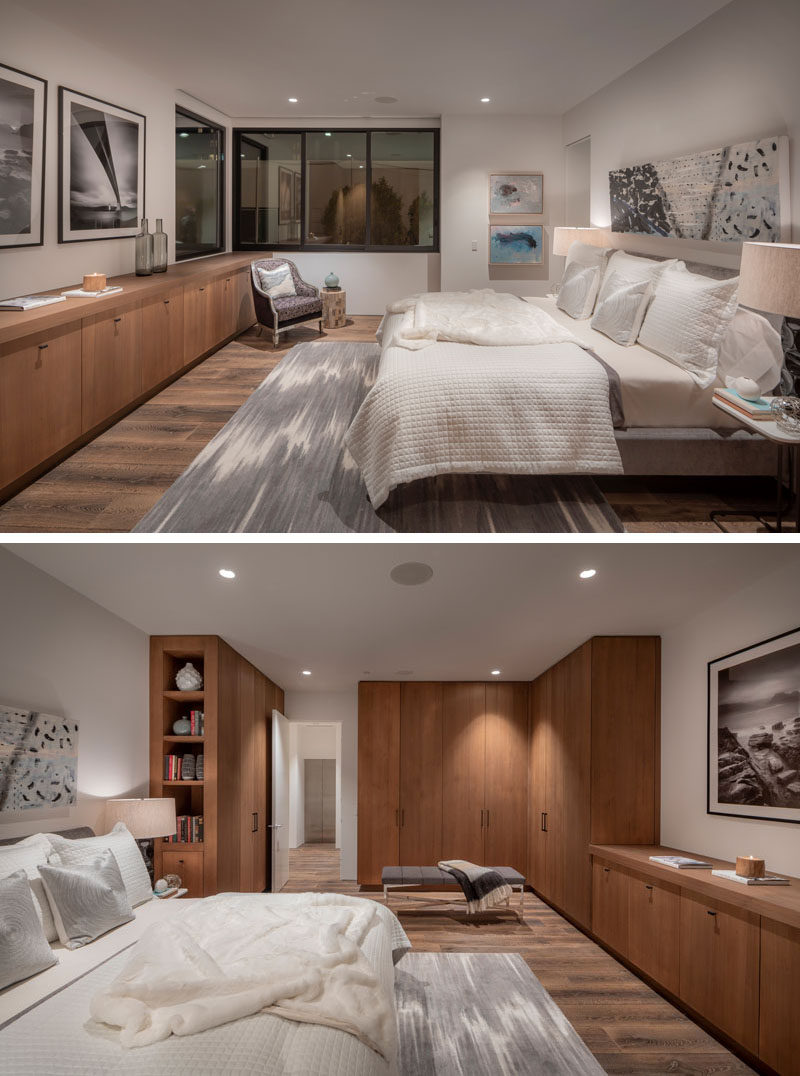 Sinker Cypress (a type of wood that's harvested from logs that lay on river bottoms for hundreds of years) has been used to create cabinets in this modern master bedroom. #WoodCabinets #MasterBedroom