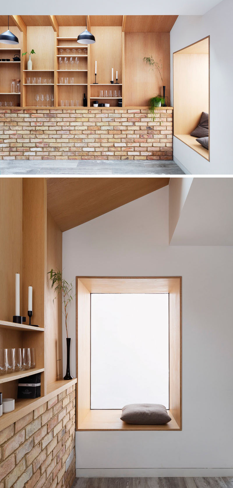 This house features a built-in, wood-lined window seat that looks out onto the backyard, and a wood wall pantry. #WallPantry #WindowSeat