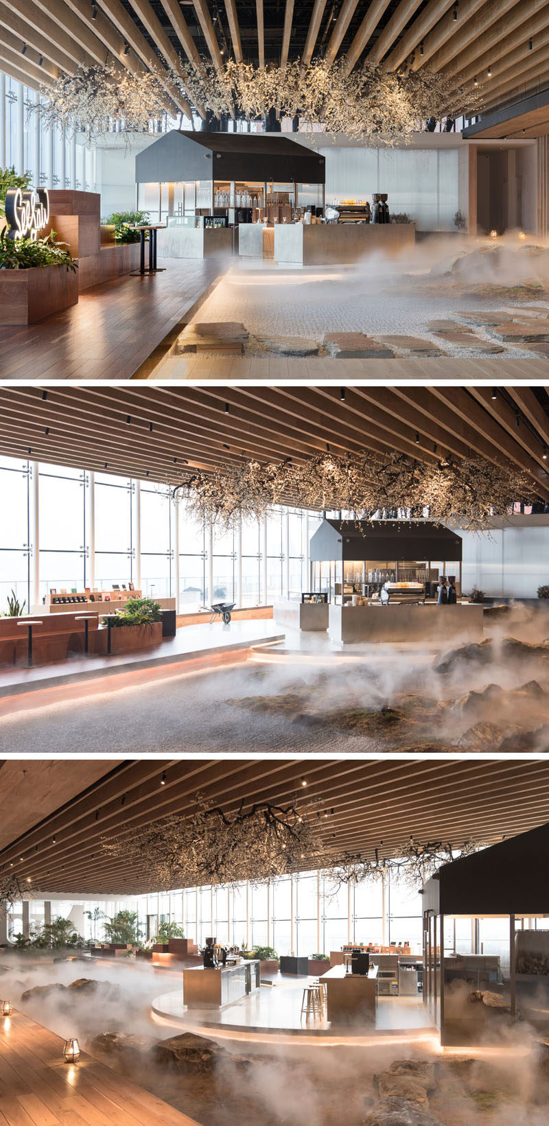 This modern coffee shop has a stepping stone path that leads through a mist-covered landscape with mossy rocks and sand, to a wooden 'ship deck'. The mist-covered landscape represents the water surface that surrounds a ship. #CoffeeShop #Cafe #InteriorDesign #Landscaping