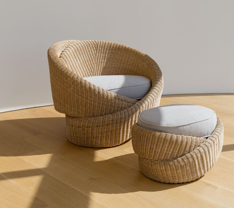 NEA Studio has designed Knotties, a set of indoor/outdoor armchairs with an ottoman, that's comprised of sculptural knot forms made from polyethylene rattan. #OutdoorFurniture #Seating #Design #FurnitureDesign