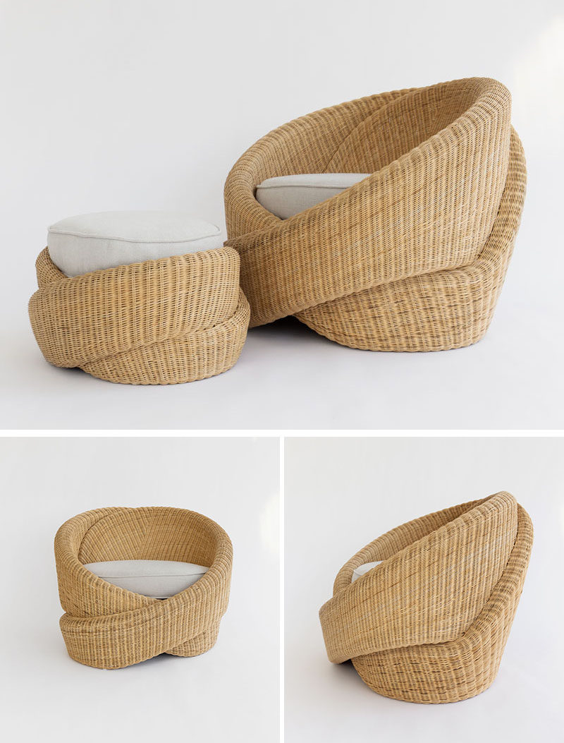 NEA Studio has designed Knotties, a set of indoor/outdoor armchairs with an ottoman, that's comprised of sculptural knot forms made from polyethylene rattan. #OutdoorFurniture #Seating #Design #FurnitureDesign